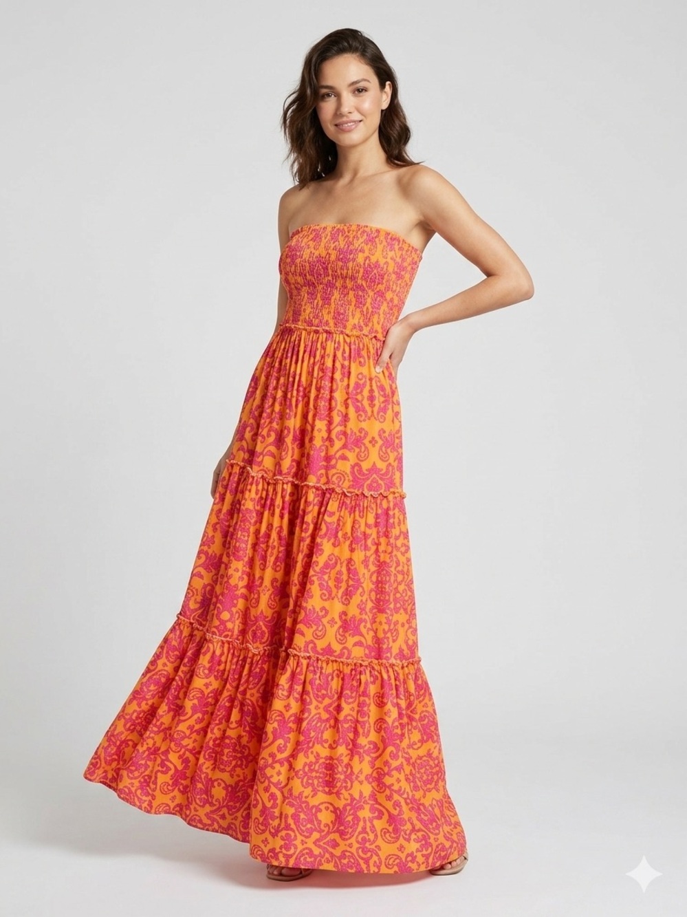 Abel The Label Bondi Strapless Smocked Tiered Maxi Dress Orange Pink Paisley M